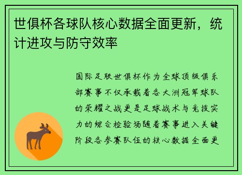 世俱杯各球队核心数据全面更新，统计进攻与防守效率